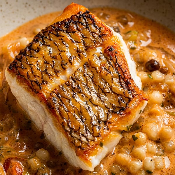 Pan-seared fish with crispy skin in a creamy orange sauce with couscous and onions.