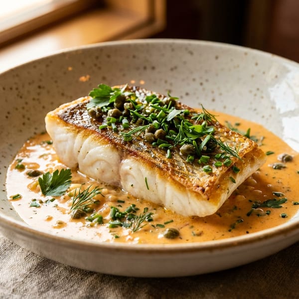 Pan-seared fish in a creamy orange sauce, garnished with capers and fresh herbs.