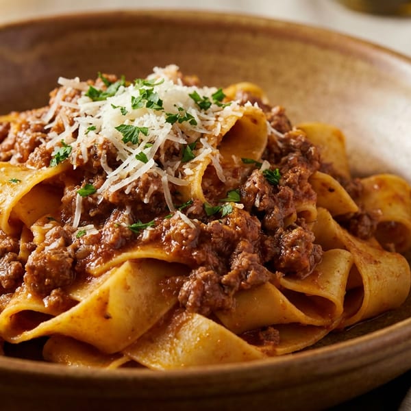 Pappardelle pasta with rich bolognese sauce, topped with grated Parmesan cheese and fresh parsley in a rustic bowl.