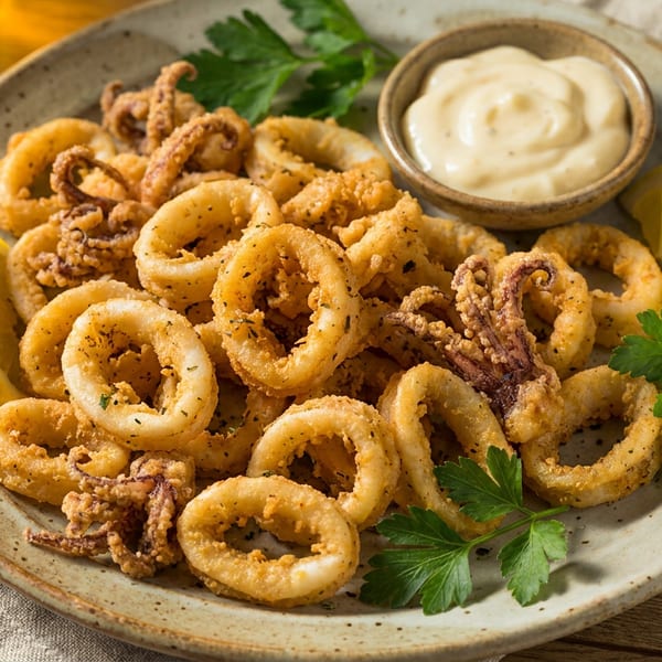 Plate of golden fried calamari with lemon wedges, parsley, and a side of creamy dipping sauce.