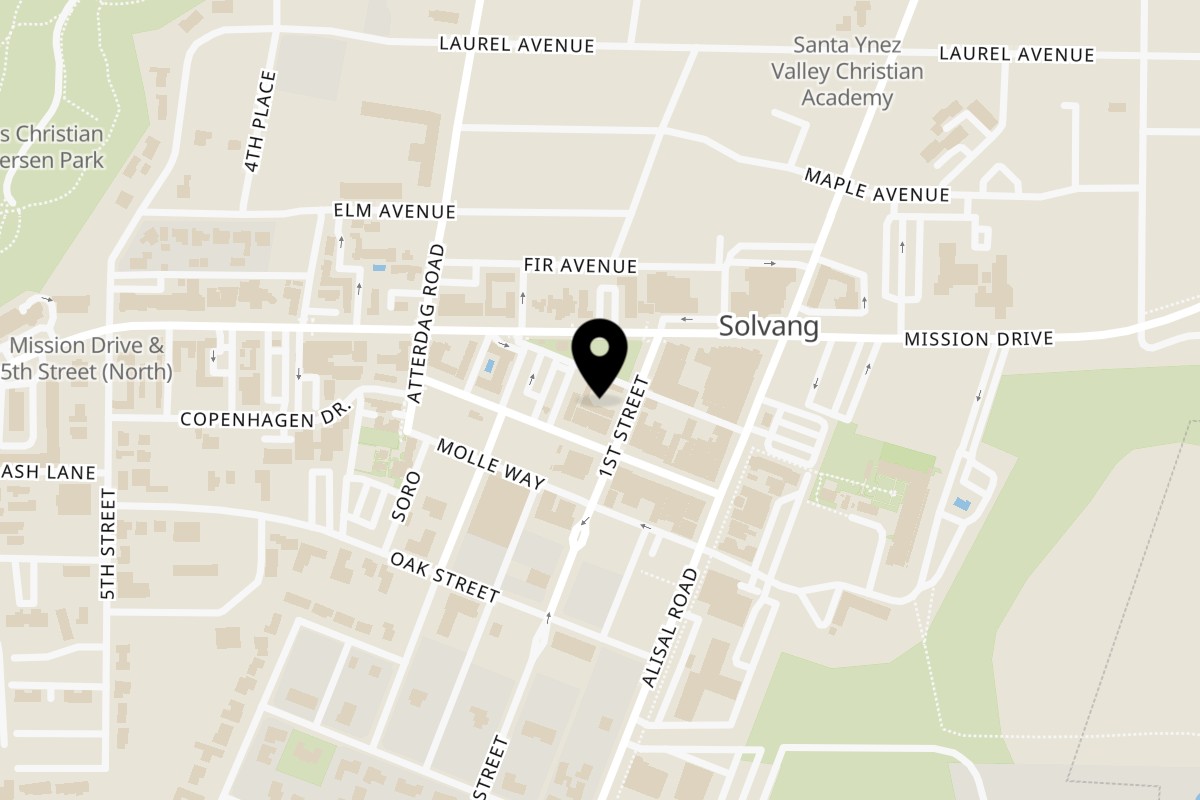 Map showing the location of Cecco Ristorante on 475 1st St #9 in Solvang